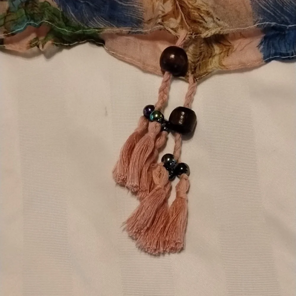Pretty Angel Linen Scarf with Multicolor Pattern and Beads, NWT